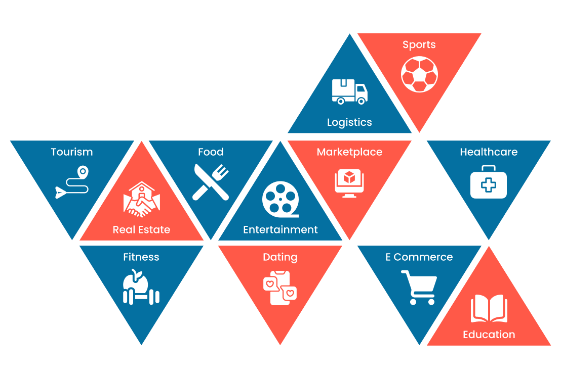 a blue and red triangle with icons